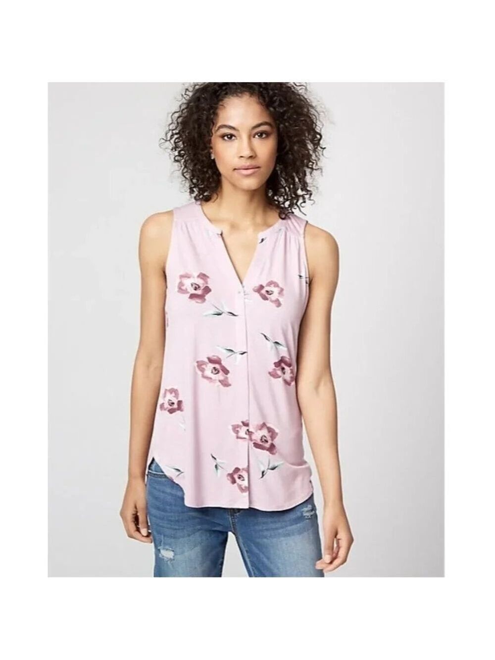 Women Le Chateau Floral Print Jersey Knit Split Neck Lilac Blouse Size X…